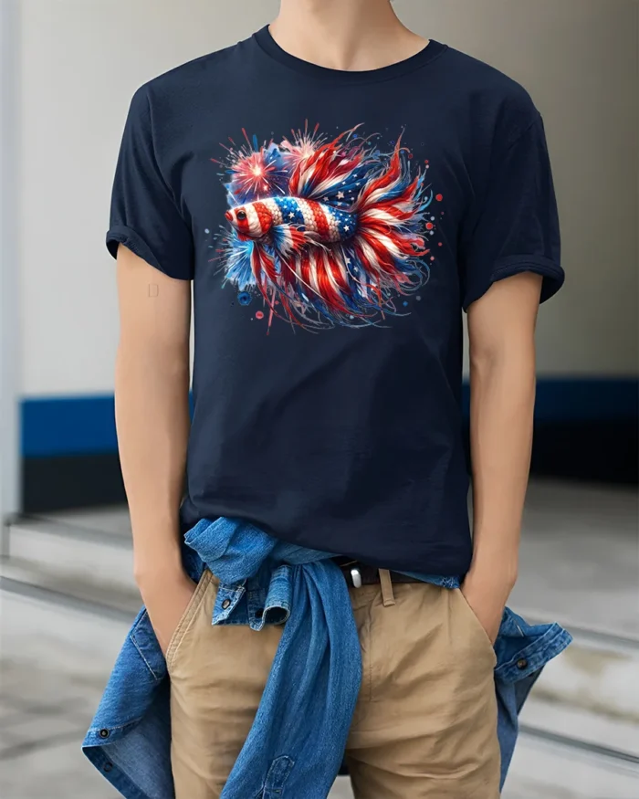 American Flag Betta Fish T-Shirt Patriotic Firework Tee for 4th of July Vibes - model wearing navy shirt, hands in pockets