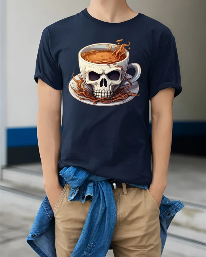 Skull Coffee Cup T-Shirt  Funny Gothic Caffeine Addict Tee for Coffee Lovers - model wearing navy shirt, hands in pockets