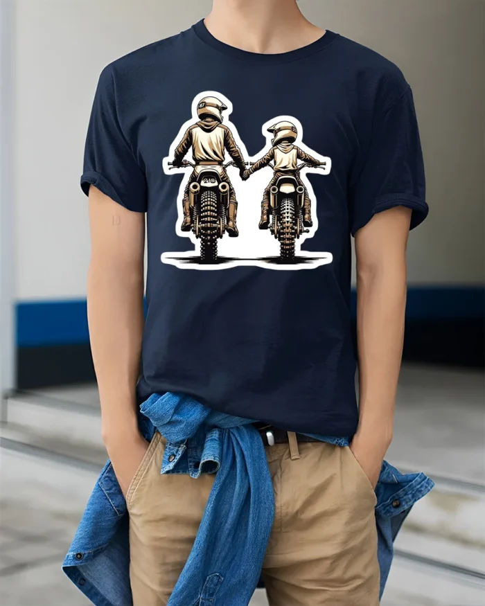Biker Dad and Son T-Shirt  Motocross Love Family Ride Together Graphic Tee - model wearing navy shirt, hands in pockets