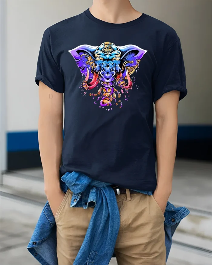 Tribal Elephant Warrior T-Shirt  Bold Psychedelic Graphic Fantasy Animal Tee - model wearing navy shirt, hands in pockets