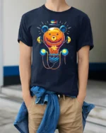 Colorful Cartoon Bear T-Shirt  Fun Whimsical Graphic Tee for Animal Lovers - model wearing navy shirt, hands in pockets