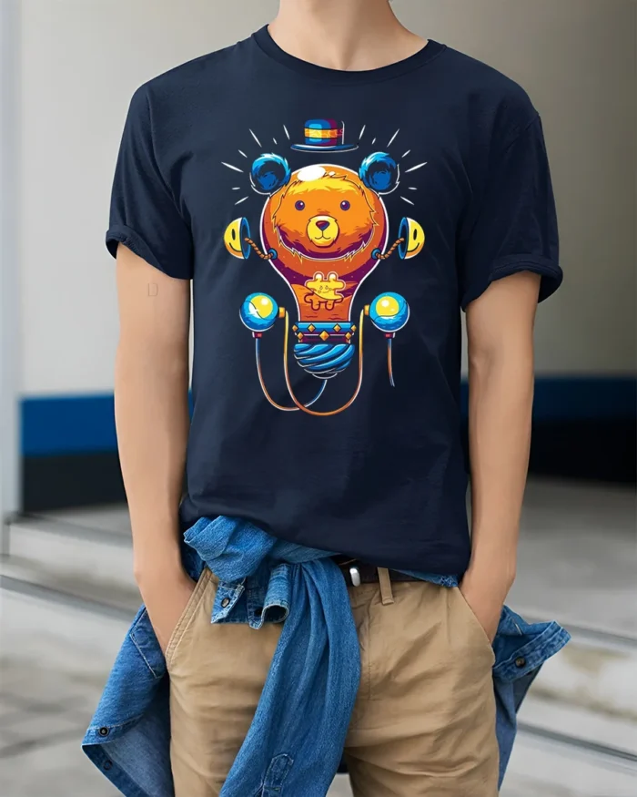Colorful Cartoon Bear T-Shirt  Fun Whimsical Graphic Tee for Animal Lovers - model wearing navy shirt, hands in pockets