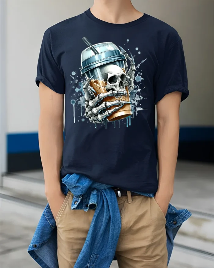Skeleton Iced Coffee T-Shirt Bold Gothic Style Tee for Caffeine and Skull Lovers - model wearing navy shirt, hands in pockets