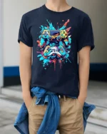 Colorful Gaming Controller T-Shirt Cool Gamer Graphic Tee for Console Fans - model wearing navy shirt, hands in pockets