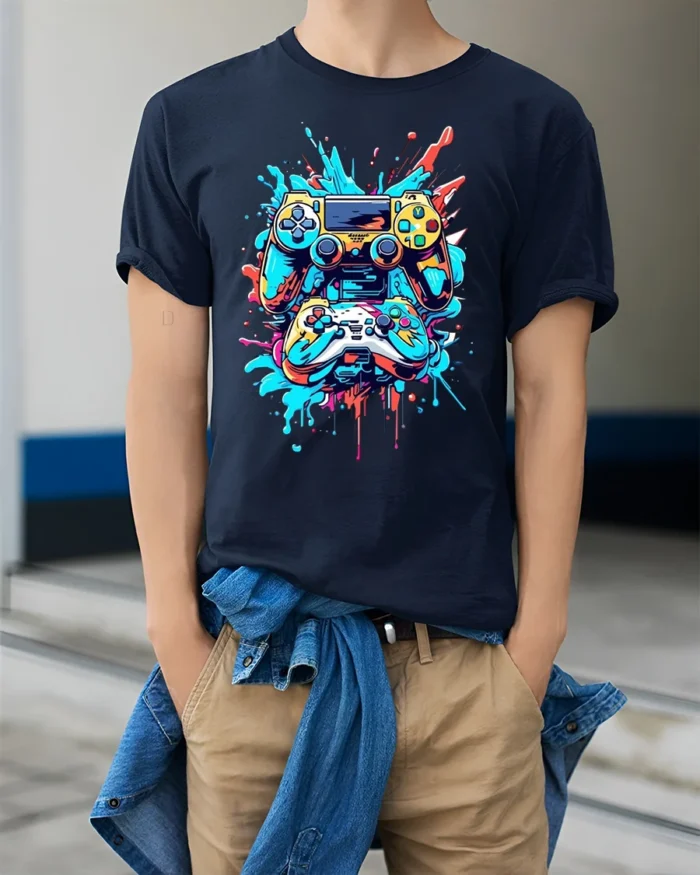 Colorful Gaming Controller T-Shirt Cool Gamer Graphic Tee for Console Fans - model wearing navy shirt, hands in pockets