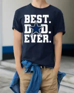 Best Dad Ever T-Shirt Bold Star Design Tee for Father’s Day and Sports Fans - model wearing navy shirt, hands in pockets