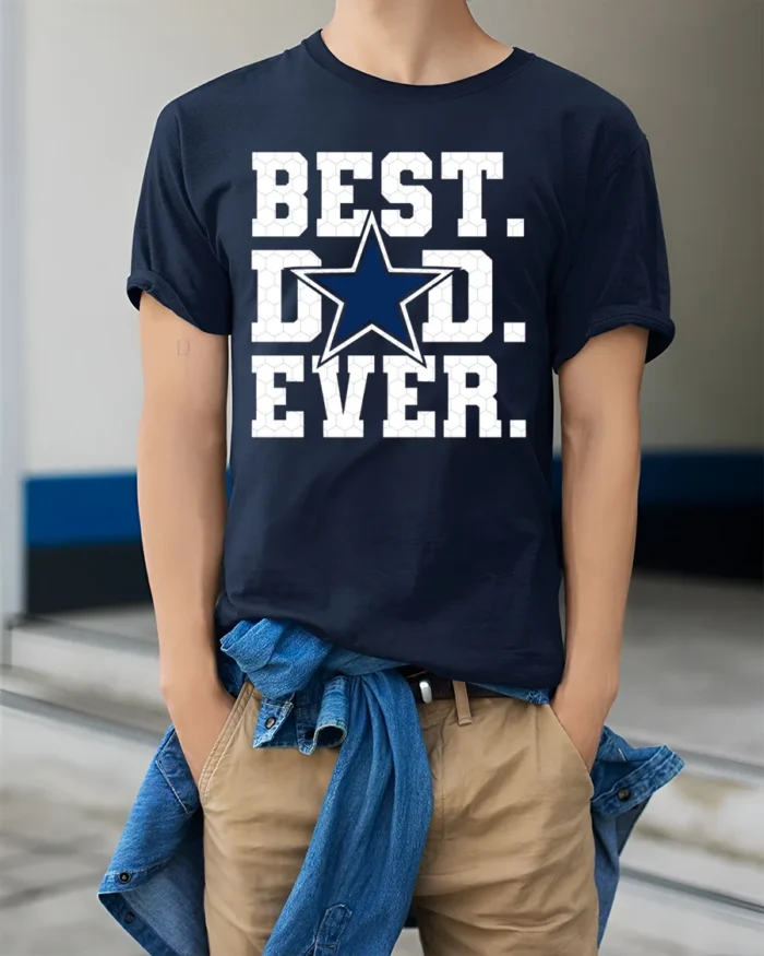 Best Dad Ever T-Shirt Bold Star Design Tee for Father’s Day and Sports Fans - model wearing navy shirt, hands in pockets