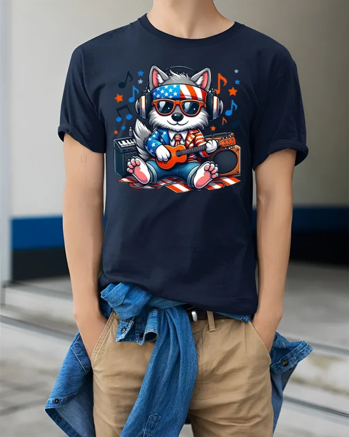 Patriotic Dog Music T-Shirt Cool USA Pup Playing Guitar with Headphones Tee - model wearing navy shirt, hands in pockets
