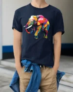Psychedelic Elephant T-Shirt Bright Safari Graphic Tee for Elephant Lovers - model wearing navy shirt, hands in pockets