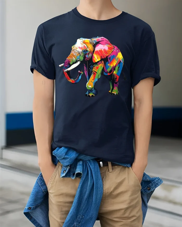 Psychedelic Elephant T-Shirt Bright Safari Graphic Tee for Elephant Lovers - model wearing navy shirt, hands in pockets