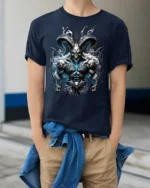 Epic Demon Lord T-Shirt Badass Skull Warrior Tee with Horns and Flames - model wearing navy shirt, hands in pockets