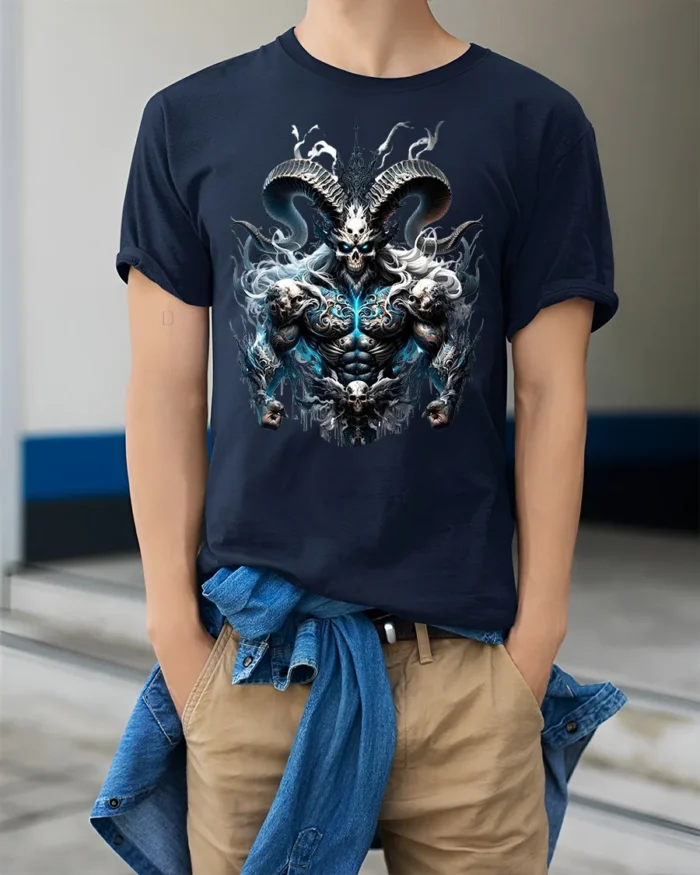 Epic Demon Lord T-Shirt Badass Skull Warrior Tee with Horns and Flames - model wearing navy shirt, hands in pockets