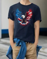 Freedom Eagle T-Shirt American Flag Wings Graphic Tee for Proud Patriots - model wearing navy shirt, hands in pockets