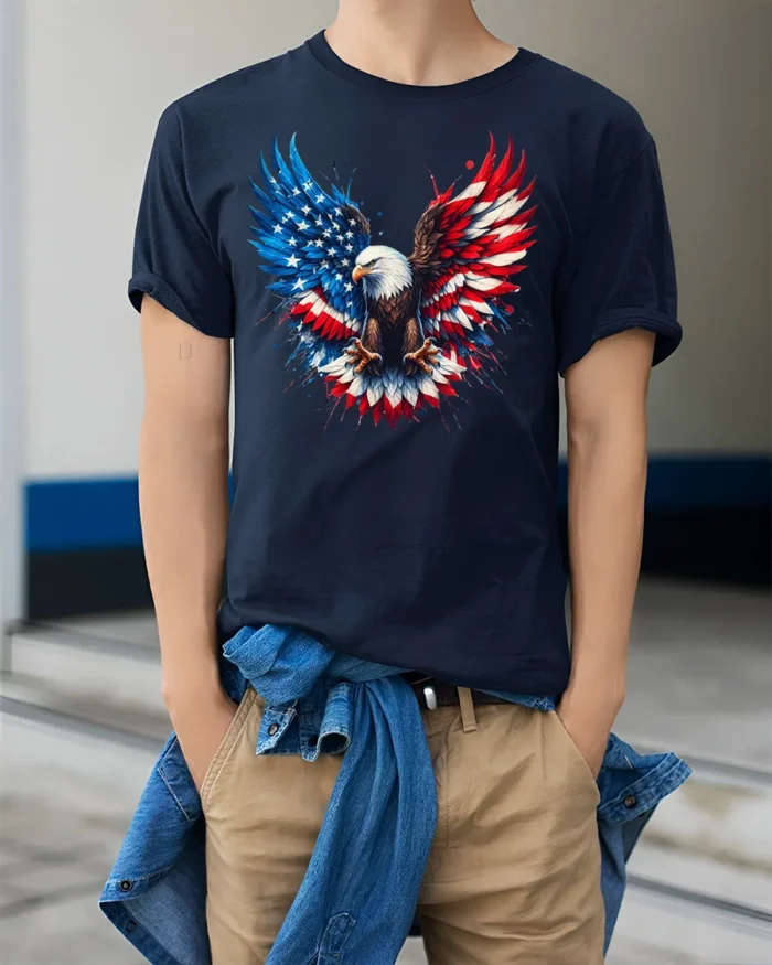Freedom Eagle T-Shirt  American Flag Wings Graphic Tee for Proud Patriots - model wearing navy shirt, hands in pockets