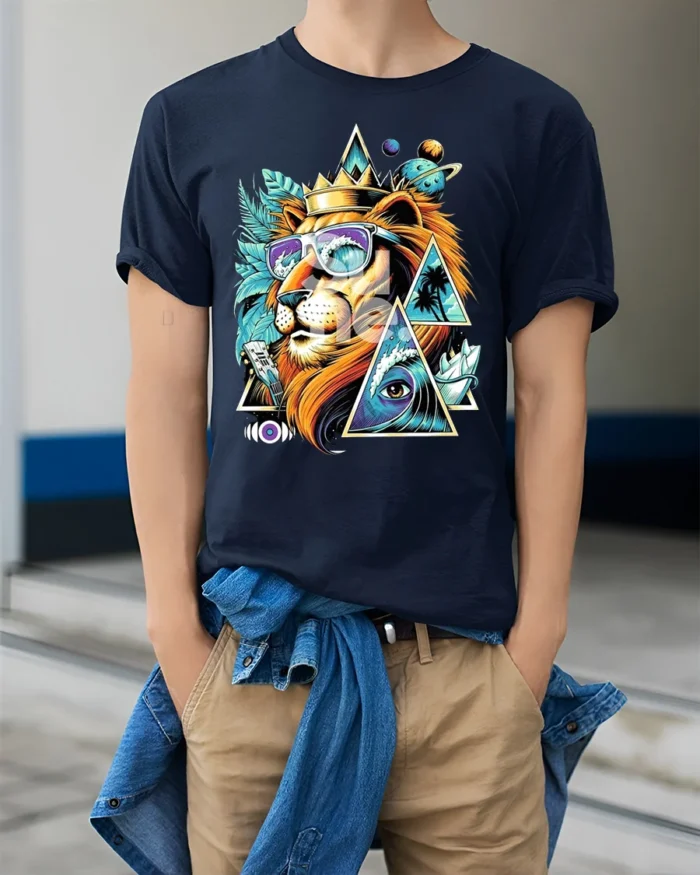 Psychedelic Lion T-Shirt Cool Summer King Graphic Tee with Sunglasses and Crown - model wearing navy shirt, hands in pockets