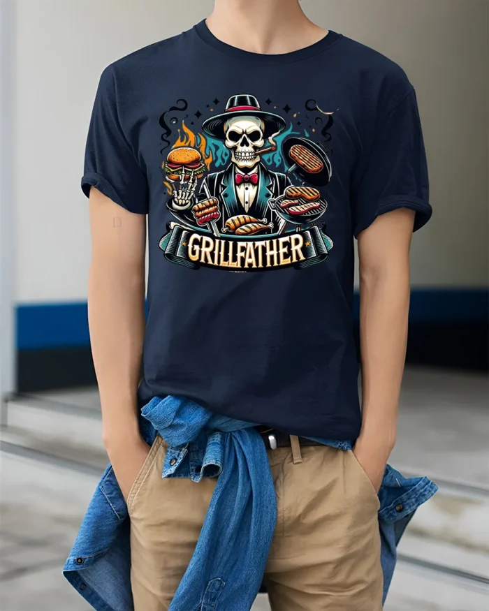 Grillfather BBQ T-Shirt for Dad Funny Skull Grill Master Tee for Father’s Day - model wearing navy shirt, hands in pockets