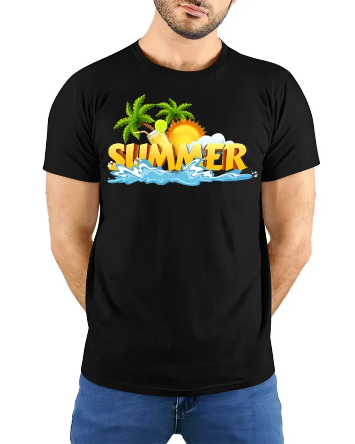 Cool Summer Beach Scene T-Shirt Vacation Vibes Tee with Palm Trees and Sun - model wearing black shirt, hands behind back