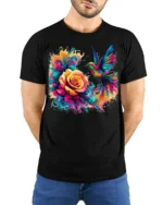 Vibrant Hummingbird T-Shirt Bright Floral Bird Tee with Artistic Design - model wearing black shirt, hands behind back