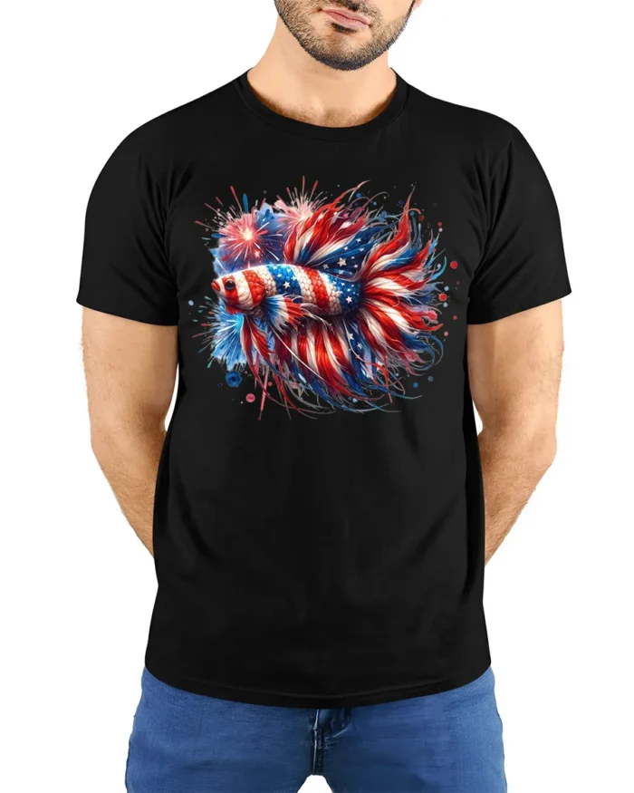 American Flag Betta Fish T-Shirt Patriotic Firework Tee for 4th of July Vibes - model wearing black shirt, hands behind back