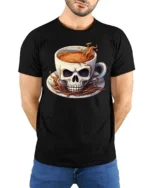 Skull Coffee Cup T-Shirt  Funny Gothic Caffeine Addict Tee for Coffee Lovers - model wearing black shirt, hands behind back