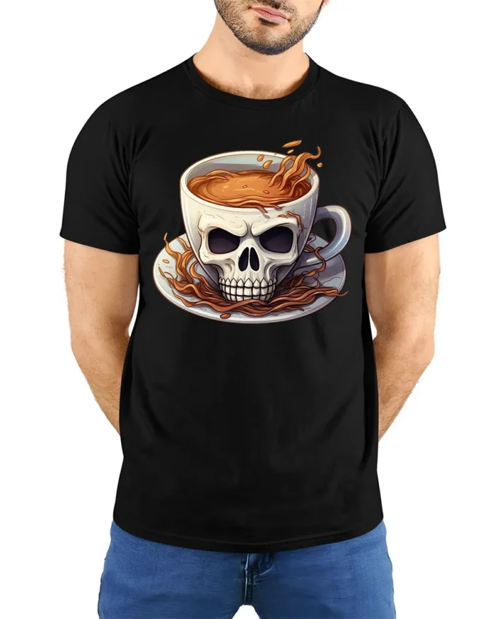 Skull Coffee Cup T-Shirt  Funny Gothic Caffeine Addict Tee for Coffee Lovers - model wearing black shirt, hands behind back