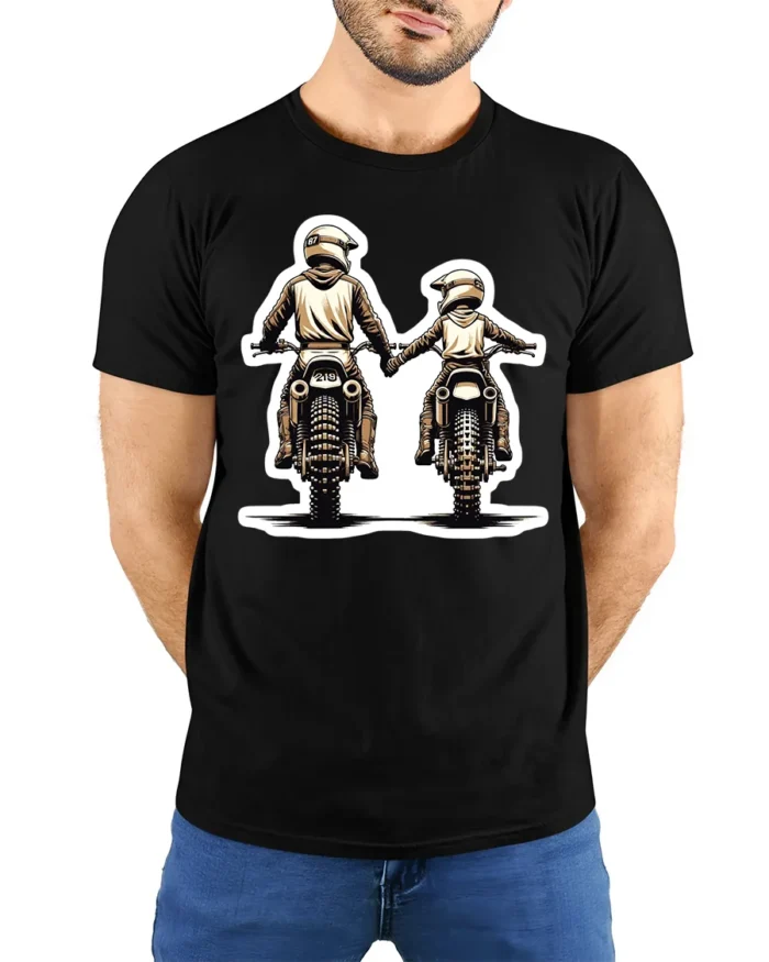 Biker Dad and Son T-Shirt  Motocross Love Family Ride Together Graphic Tee - model wearing black shirt, hands behind back