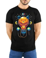 Colorful Cartoon Bear T-Shirt  Fun Whimsical Graphic Tee for Animal Lovers - model wearing black shirt, hands behind back