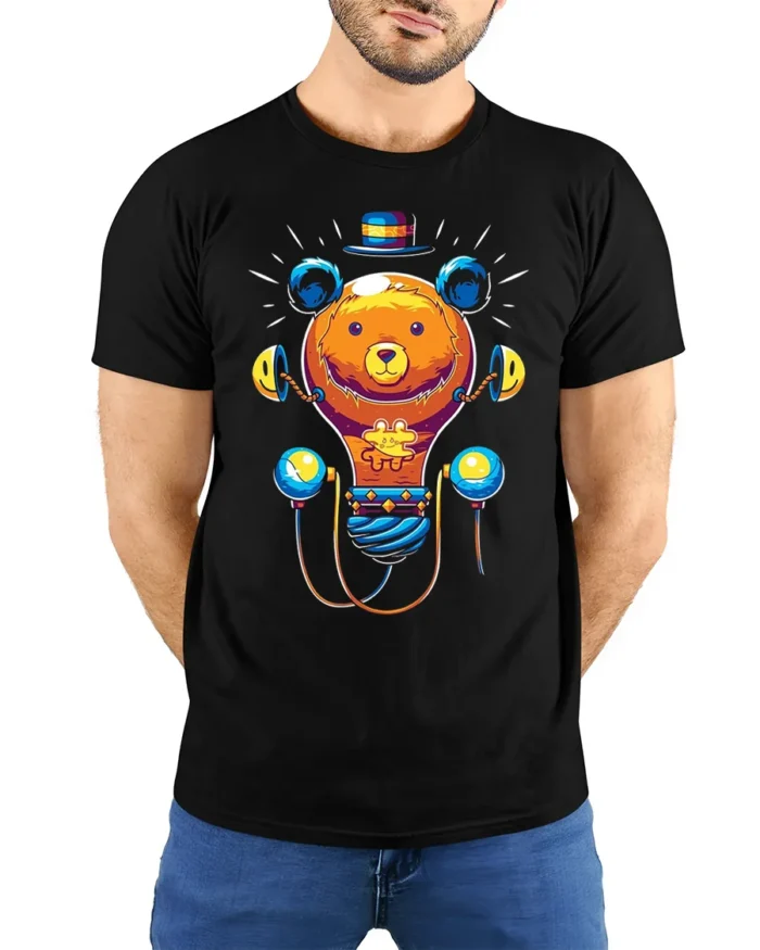 Colorful Cartoon Bear T-Shirt  Fun Whimsical Graphic Tee for Animal Lovers - model wearing black shirt, hands behind back