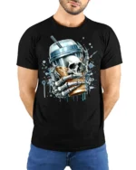 Skeleton Iced Coffee T-Shirt Bold Gothic Style Tee for Caffeine and Skull Lovers - model wearing black shirt, hands behind back