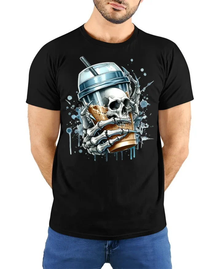 Skeleton Iced Coffee T-Shirt Bold Gothic Style Tee for Caffeine and Skull Lovers - model wearing black shirt, hands behind back