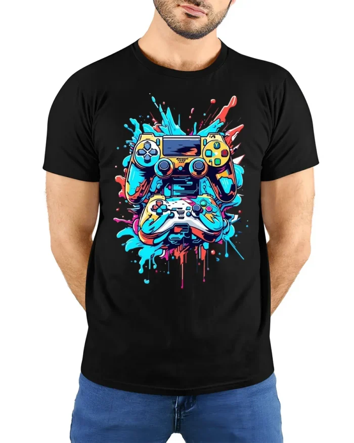 Colorful Gaming Controller T-Shirt Cool Gamer Graphic Tee for Console Fans - model wearing black shirt, hands behind back
