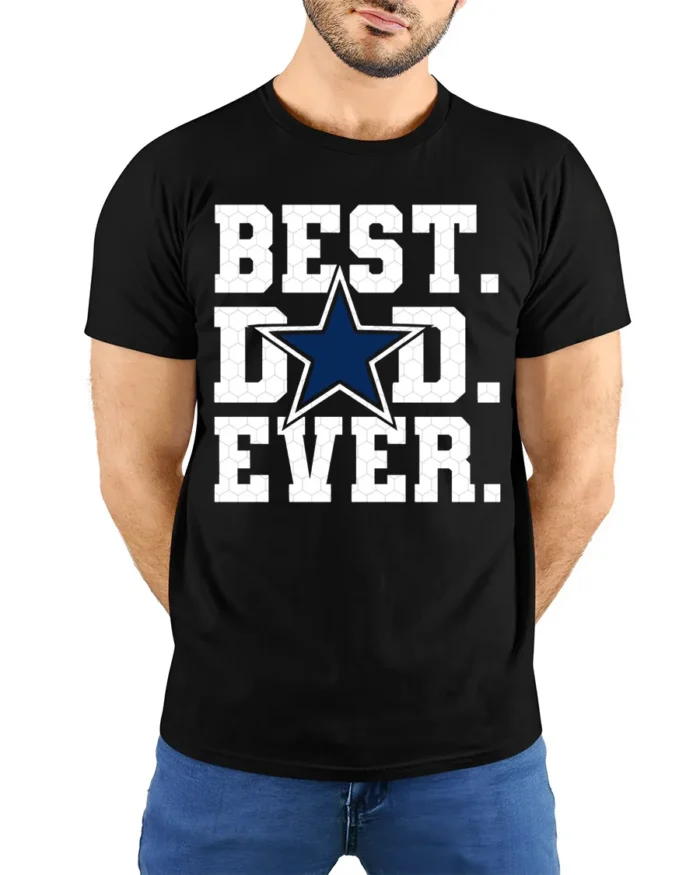 Best Dad Ever T-Shirt Bold Star Design Tee for Father’s Day and Sports Fans - model wearing black shirt, hands behind back