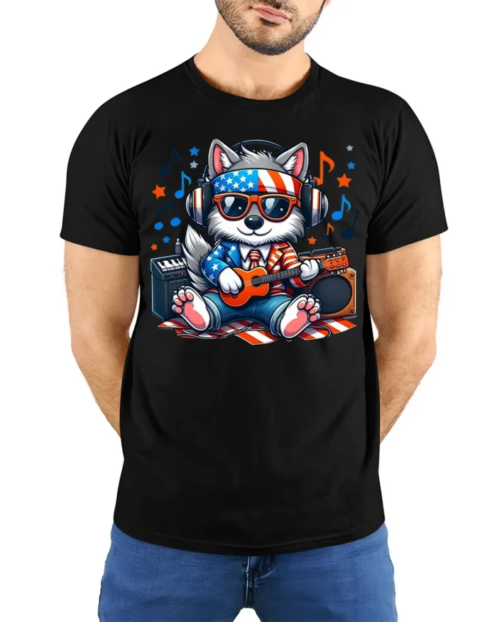Patriotic Dog Music T-Shirt Cool USA Pup Playing Guitar with Headphones Tee - model wearing black shirt, hands behind back