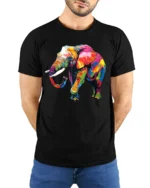 Psychedelic Elephant T-Shirt Bright Safari Graphic Tee for Elephant Lovers - model wearing black shirt, hands behind back
