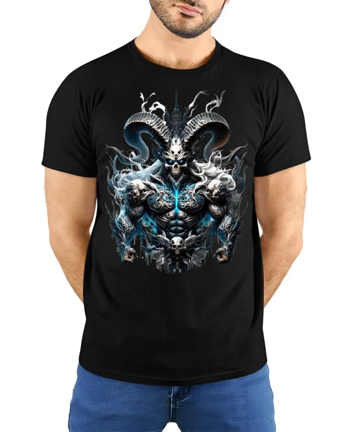 Epic Demon Lord T-Shirt Badass Skull Warrior Tee with Horns and Flames - model wearing black shirt, hands behind back