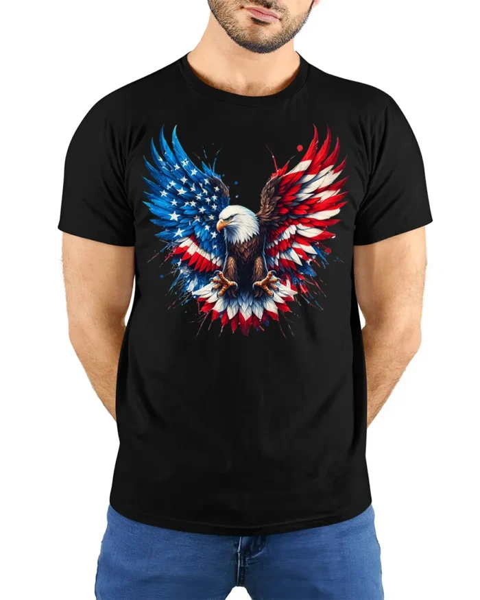 Freedom Eagle T-Shirt  American Flag Wings Graphic Tee for Proud Patriots - model wearing black shirt, hands behind back