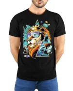Psychedelic Lion T-Shirt Cool Summer King Graphic Tee with Sunglasses and Crown - model wearing black shirt, hands behind back