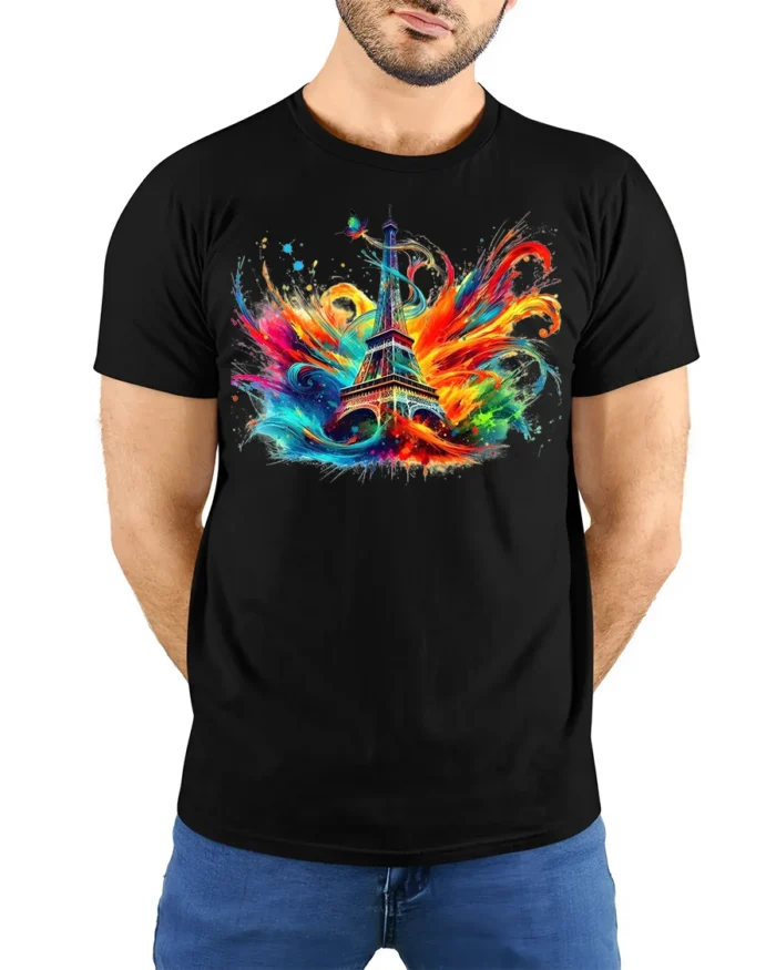 Paris Eiffel Tower T-Shirt Color Splash Artistic Tee for Travel Lovers and Dreamers - model wearing black shirt, hands behind back