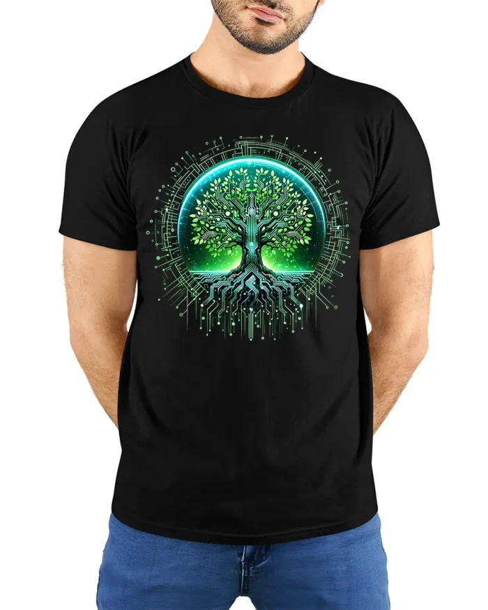 Cyber Nature Tree T-Shirt High Tech Botanical Graphic Tee for Eco Enthusiasts - model wearing black shirt, hands behind back