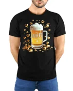Happy Father’s Day Beer T-Shirt Funny Gift Tee with Mug and Golden Hearts Print - model wearing black shirt, hands behind back