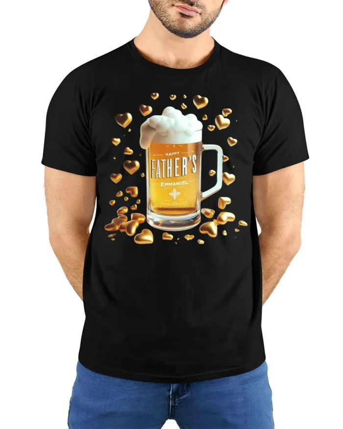 Happy Father’s Day Beer T-Shirt Funny Gift Tee with Mug and Golden Hearts Print - model wearing black shirt, hands behind back