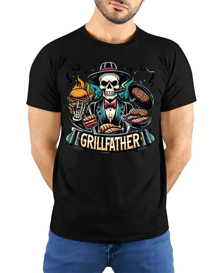 Grillfather BBQ T-Shirt for Dad Funny Skull Grill Master Tee for Father’s Day - model wearing black shirt, hands behind back