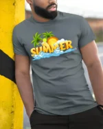 Cool Summer Beach Scene T-Shirt Vacation Vibes Tee with Palm Trees and Sun - model in grey shirt leaning against column