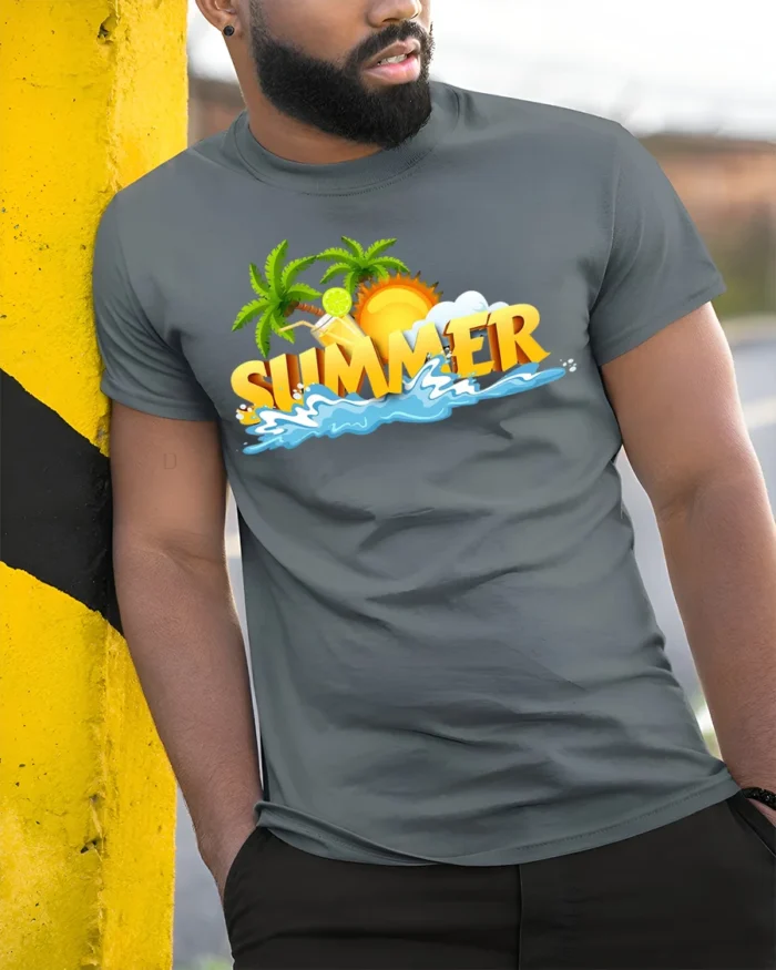 Cool Summer Beach Scene T-Shirt Vacation Vibes Tee with Palm Trees and Sun - model in grey shirt leaning against column