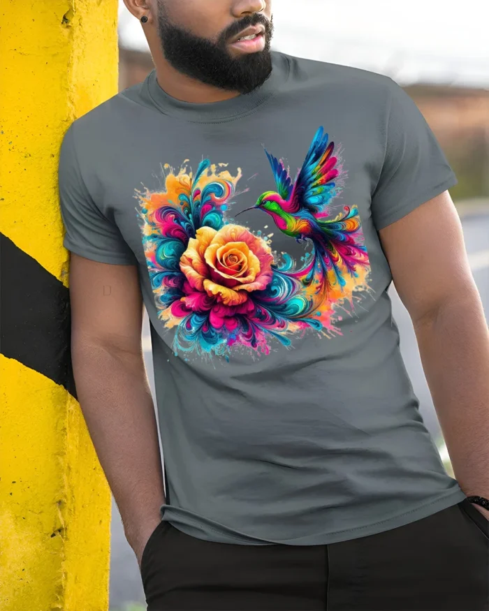 Vibrant Hummingbird T-Shirt Bright Floral Bird Tee with Artistic Design - model in grey shirt leaning against column