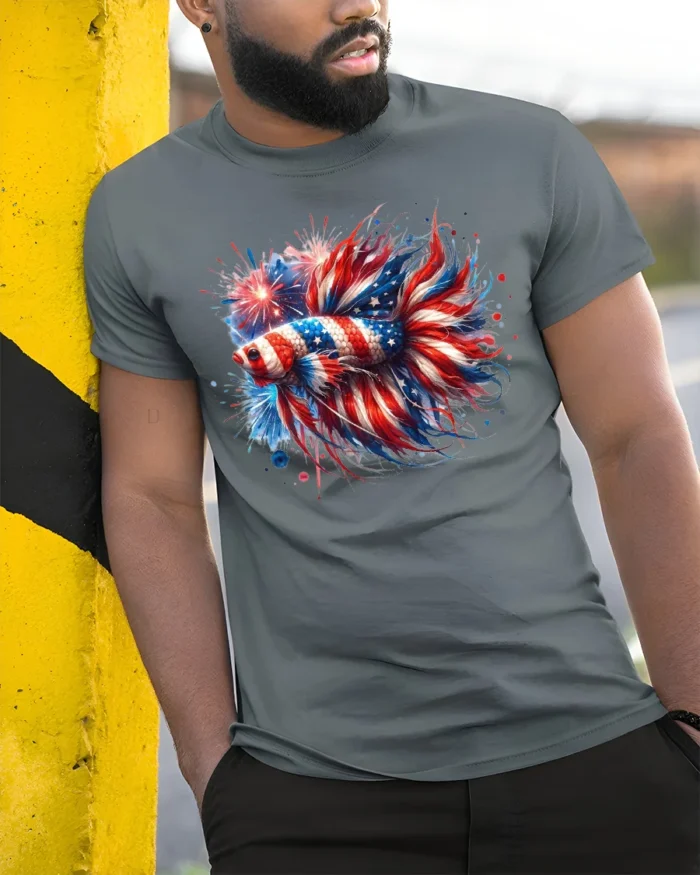 American Flag Betta Fish T-Shirt Patriotic Firework Tee for 4th of July Vibes - model in grey shirt leaning against column