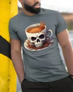 Skull Coffee Cup T-Shirt  Funny Gothic Caffeine Addict Tee for Coffee Lovers - model in grey shirt leaning against column