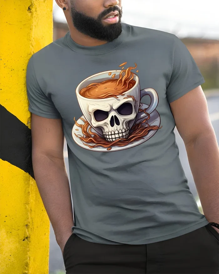 Skull Coffee Cup T-Shirt  Funny Gothic Caffeine Addict Tee for Coffee Lovers - model in grey shirt leaning against column