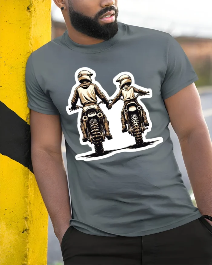 Biker Dad and Son T-Shirt  Motocross Love Family Ride Together Graphic Tee - model in grey shirt leaning against column
