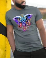 Tribal Elephant Warrior T-Shirt  Bold Psychedelic Graphic Fantasy Animal Tee - model in grey shirt leaning against column